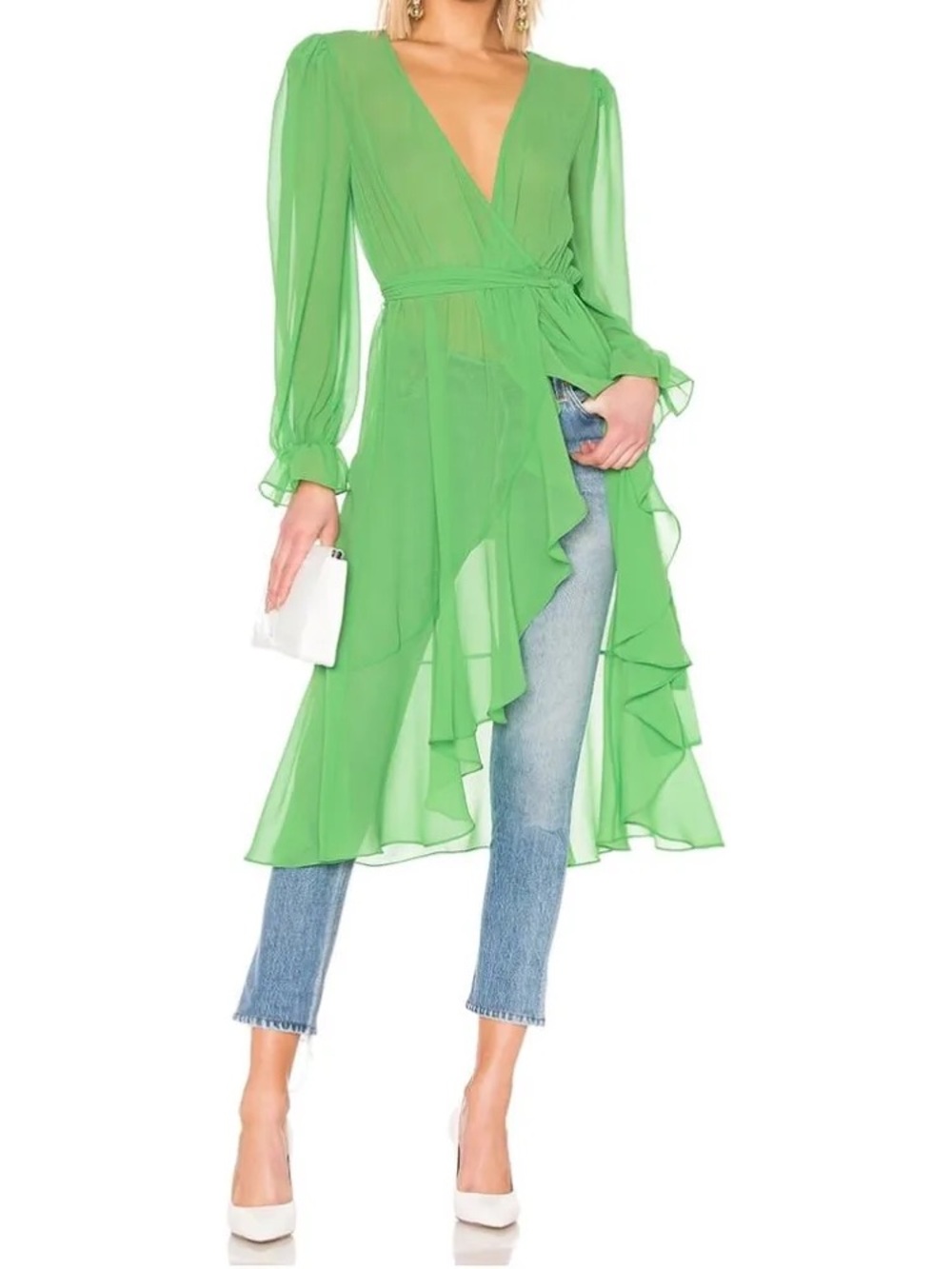 LPA Green Long-Sleeve Wrap Midi Dress